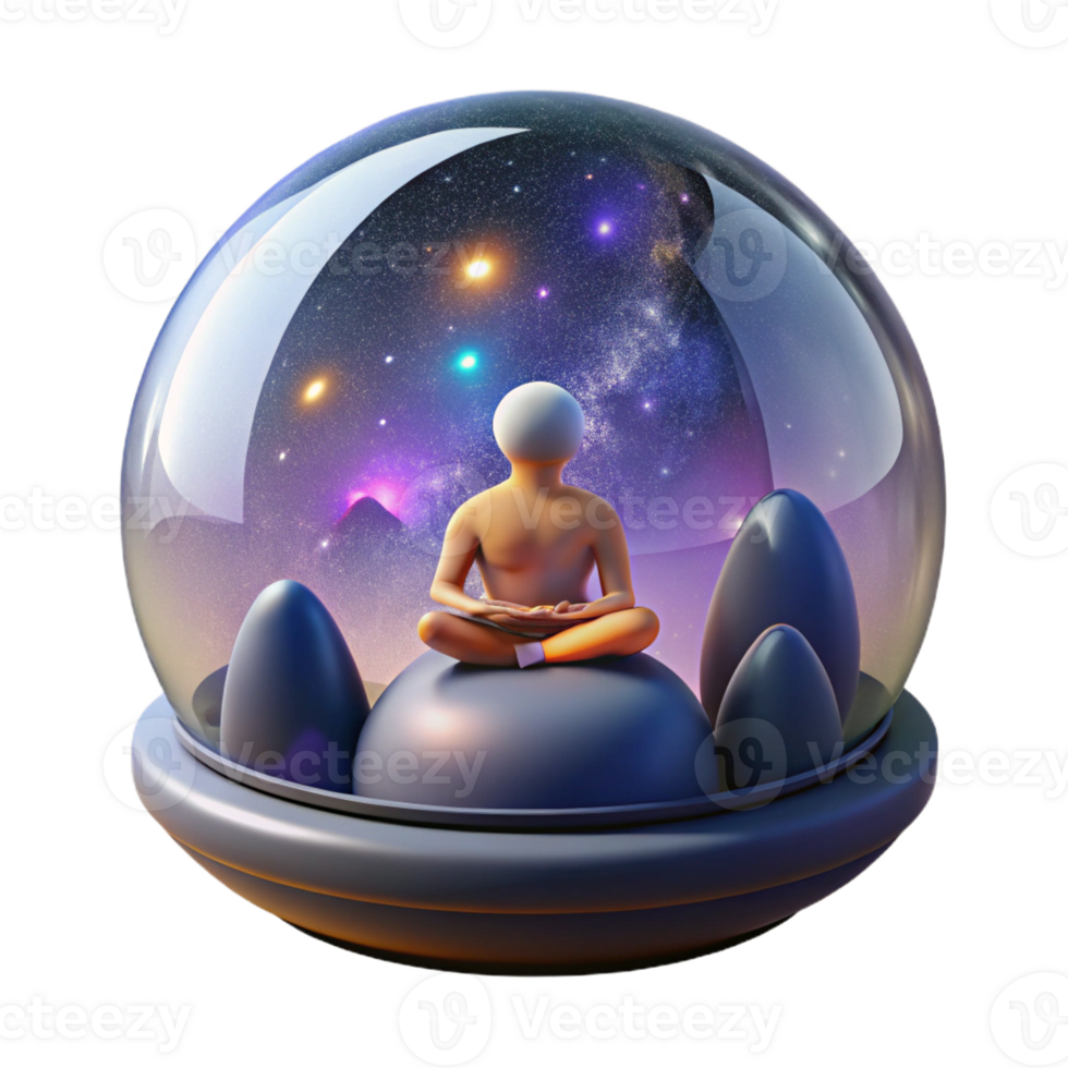 dramatic contemporary A solitary space traveler meditating inside a transparent bubble habitat, surrounded by the breathtaking panorama of a distant galaxy. Zen style, peaceful atmosphere exclusive png