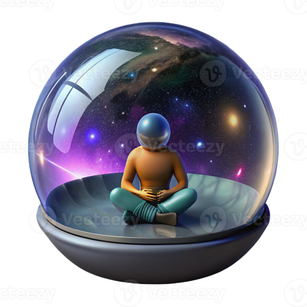 vibrant creative A solitary space traveler meditating inside a transparent bubble habitat, surrounded by the breathtaking panorama of a distant galaxy. Zen style, peaceful atmosphere premium png