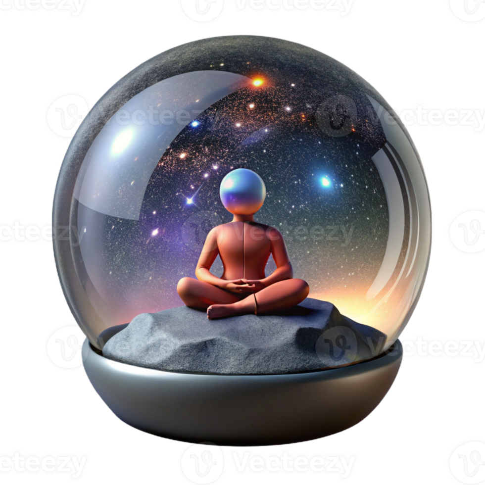 vibrant vintage A solitary space traveler meditating inside a transparent bubble habitat, surrounded by the breathtaking panorama of a distant galaxy. Zen style, peaceful atmosphere original png