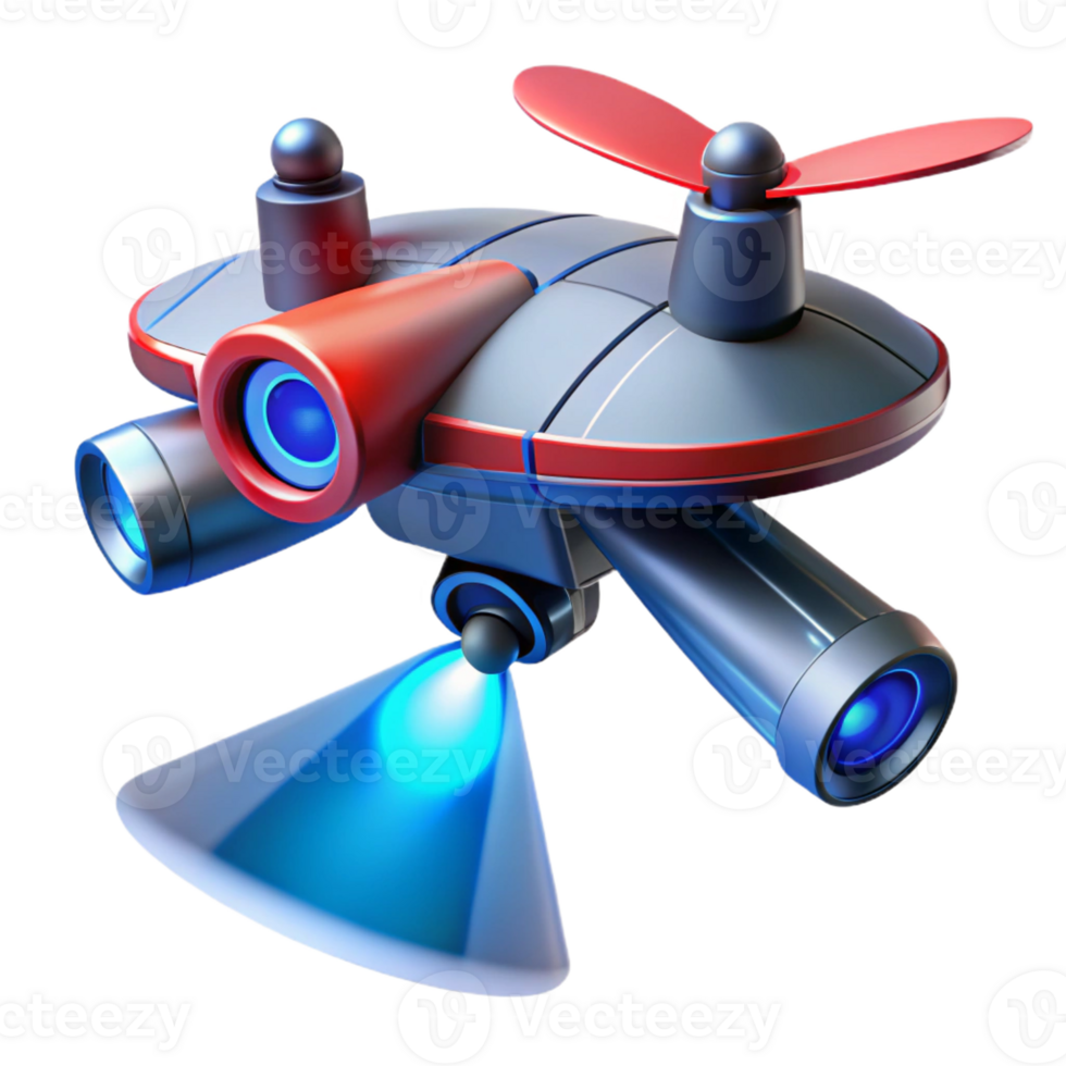 wonderful traditional A massive surveillance drone hovering over a deserted street, its red eye scanning the surroundings, lit by a cold, blue searchlight. Photorealistic style premium png
