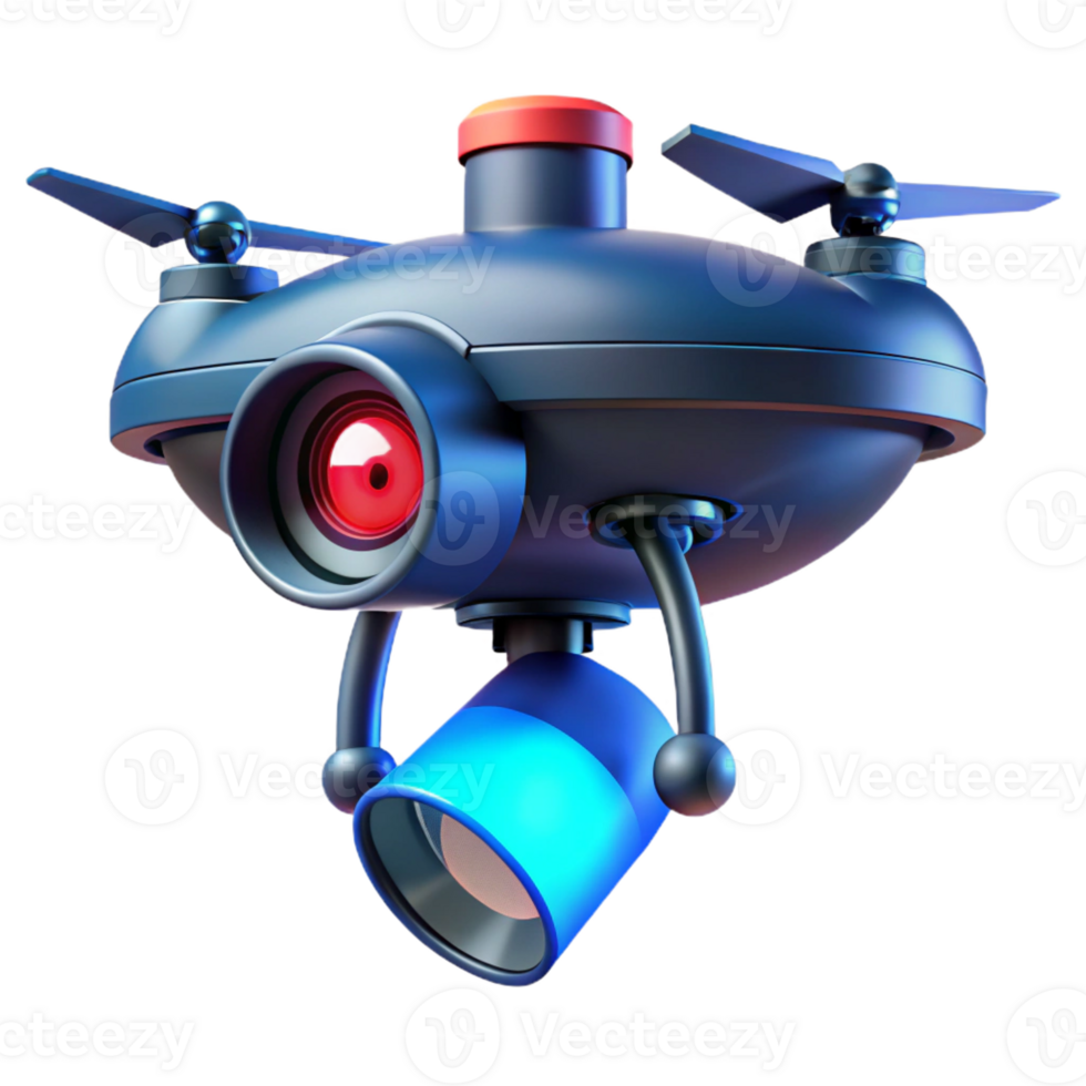 magnificent minimalist A massive surveillance drone hovering over a deserted street, its red eye scanning the surroundings, lit by a cold, blue searchlight. Photorealistic style detailed png