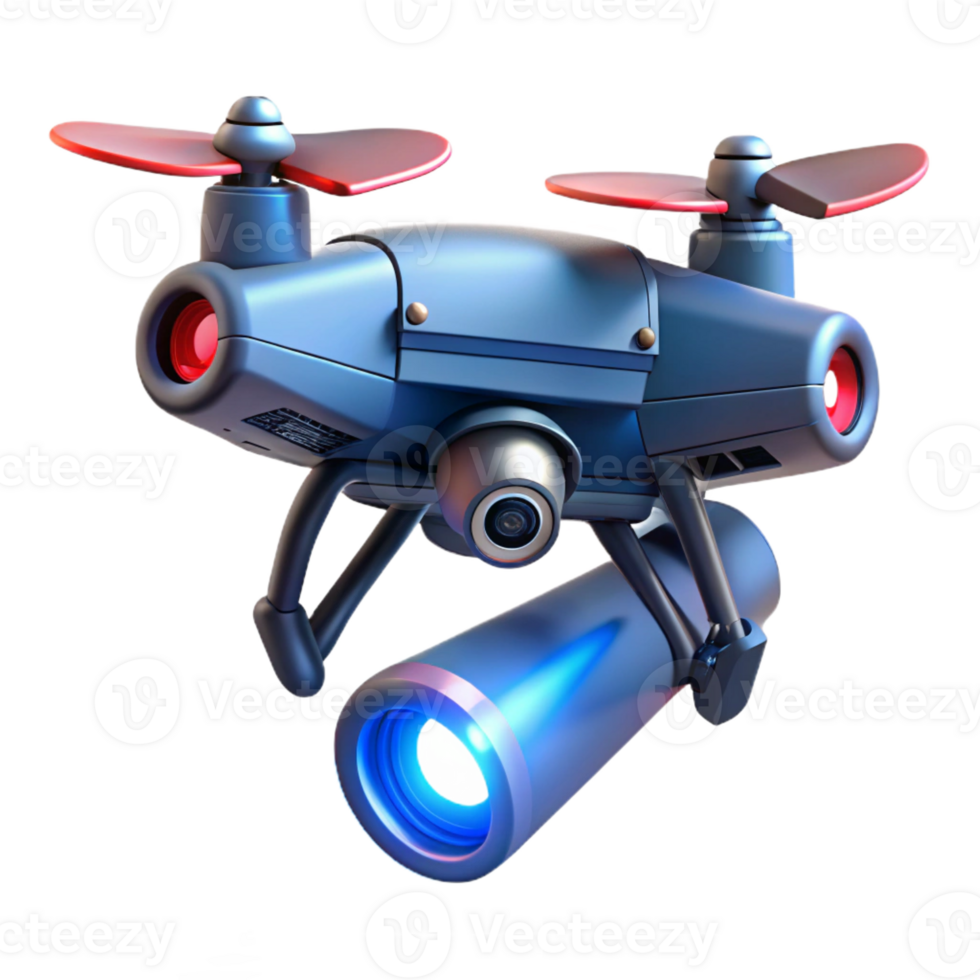 wonderful vintage A massive surveillance drone hovering over a deserted street, its red eye scanning the surroundings, lit by a cold, blue searchlight. Photorealistic style professional png