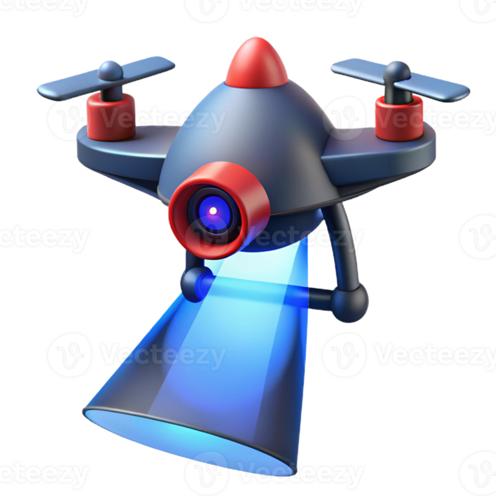 impressive traditional A massive surveillance drone hovering over a deserted street, its red eye scanning the surroundings, lit by a cold, blue searchlight. Photorealistic style genuine png