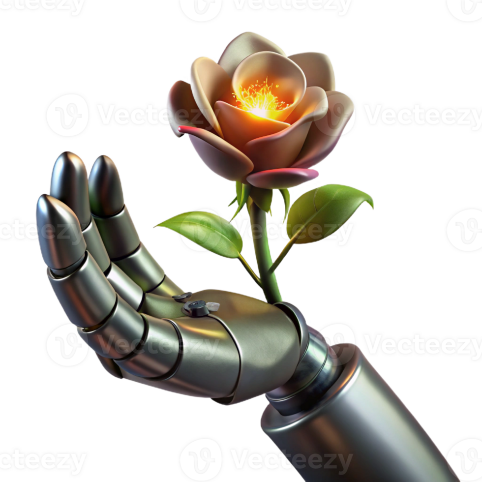 serene minimalist A chrome robotic hand clutching a wilted flower, lit by a single ray of light piercing through a dark, smoky atmosphere. Dark, gritty, and realistic style original png