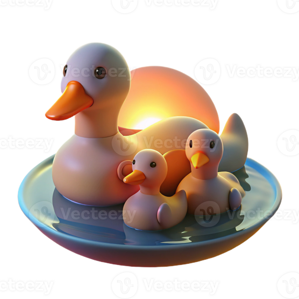 stunning modern A family of ducks swimming in a pond, their feathers illuminated by the soft glow of sunset, in a peaceful, impressionistic style 4K png