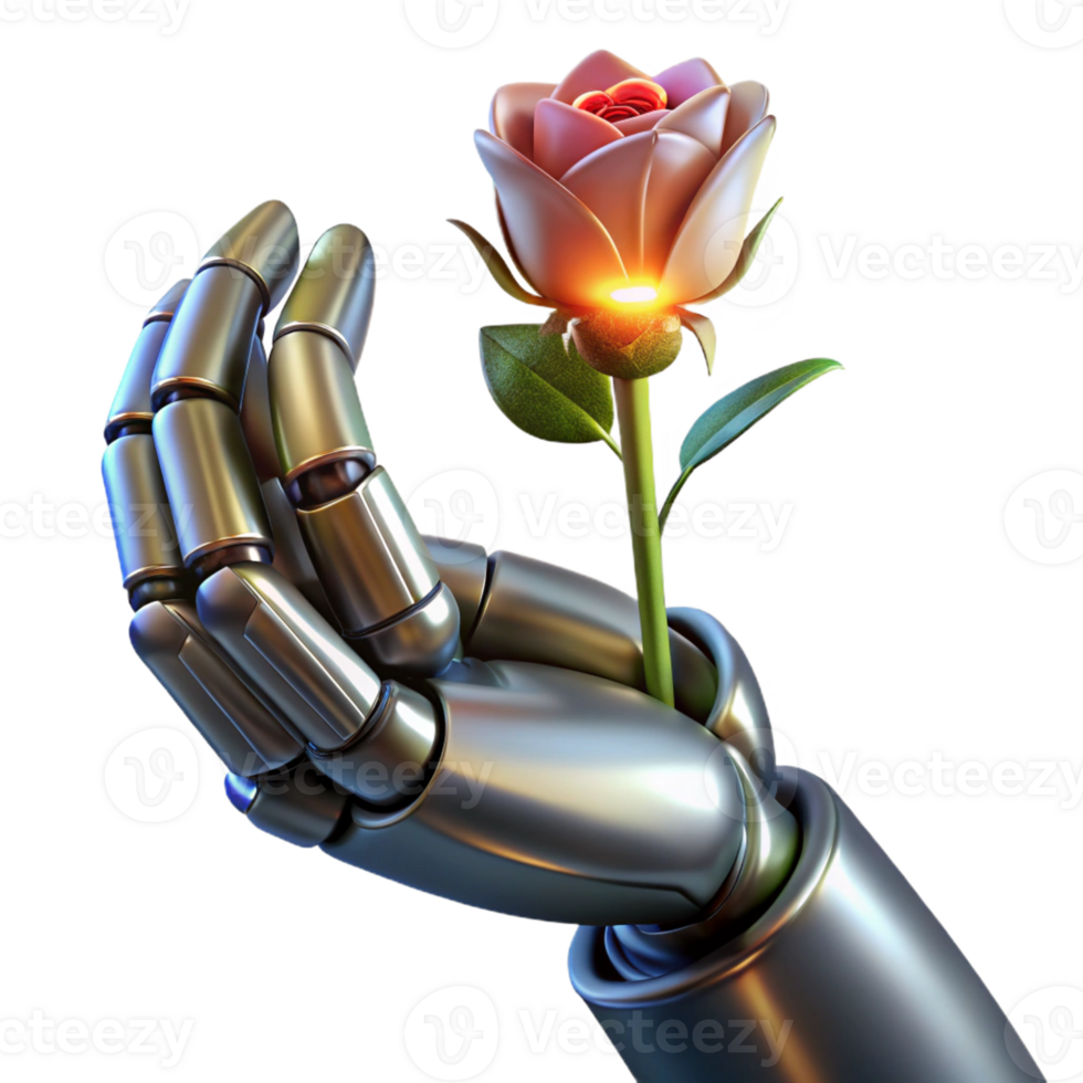 beautiful vintage A chrome robotic hand clutching a wilted flower, lit by a single ray of light piercing through a dark, smoky atmosphere. Dark, gritty, and realistic style detailed png