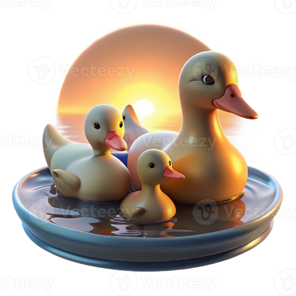 extraordinary classic A family of ducks swimming in a pond, their feathers illuminated by the soft glow of sunset, in a peaceful, impressionistic style high quality png