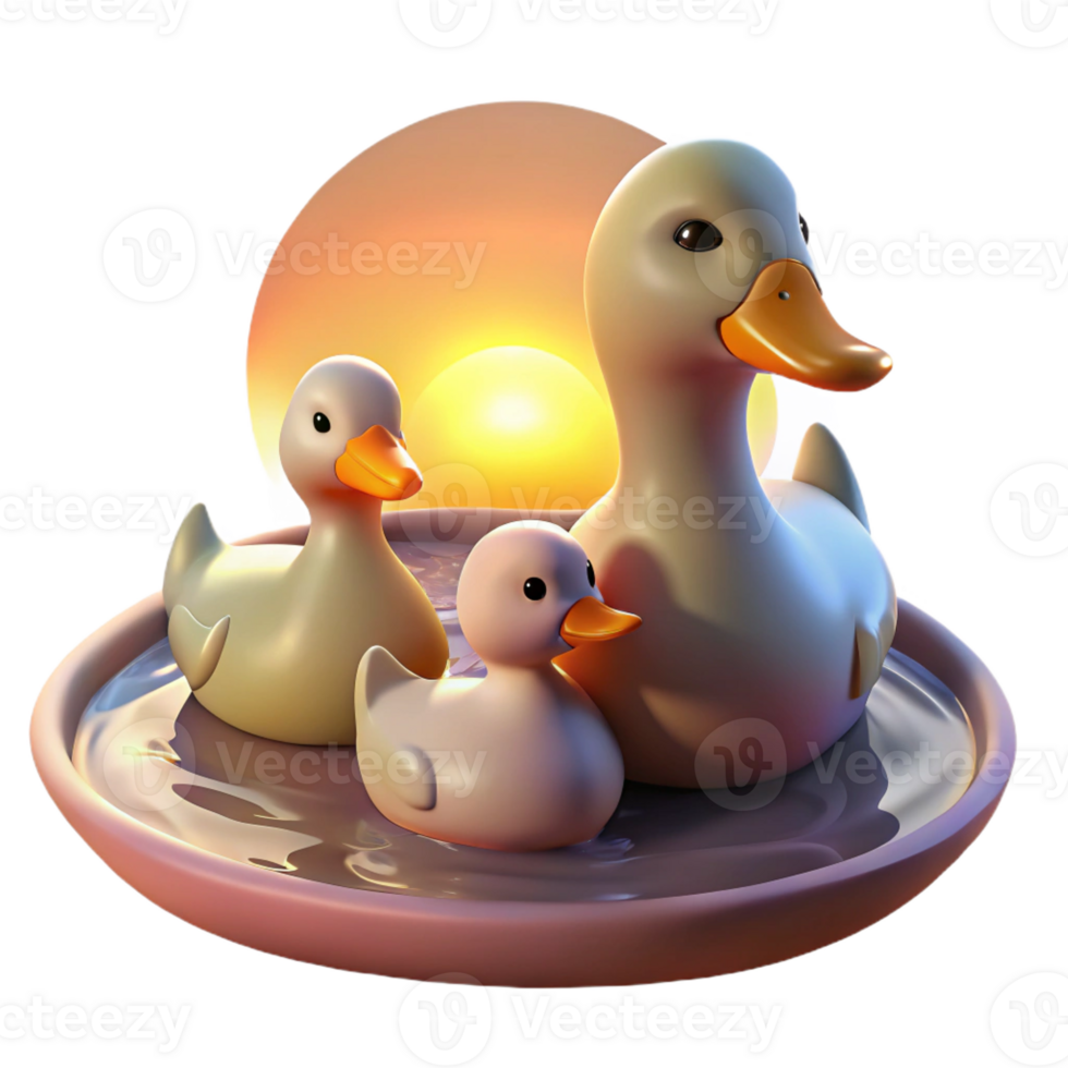 vibrant traditional A family of ducks swimming in a pond, their feathers illuminated by the soft glow of sunset, in a peaceful, impressionistic style high quality png
