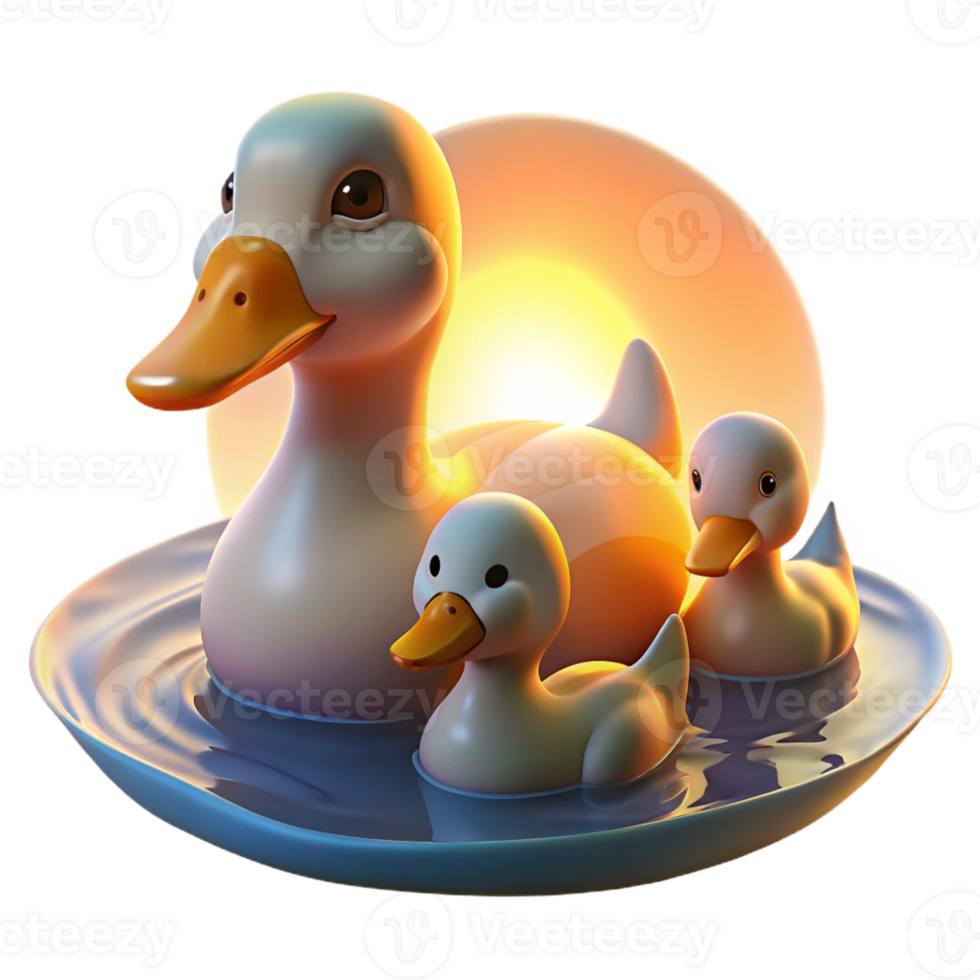extraordinary vintage A family of ducks swimming in a pond, their feathers illuminated by the soft glow of sunset, in a peaceful, impressionistic style premium png