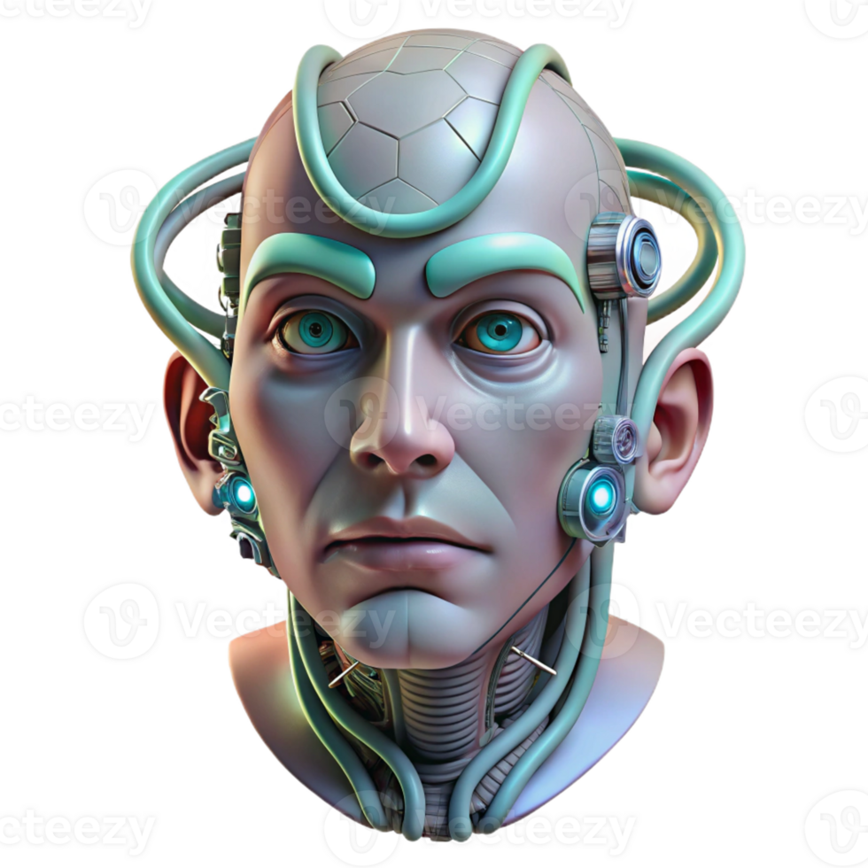 stunning classic A human face partially merged with machinery, wires and tubes protruding, lit by a flickering fluorescent light. Cyberpunk and biomechanical style high resolution png