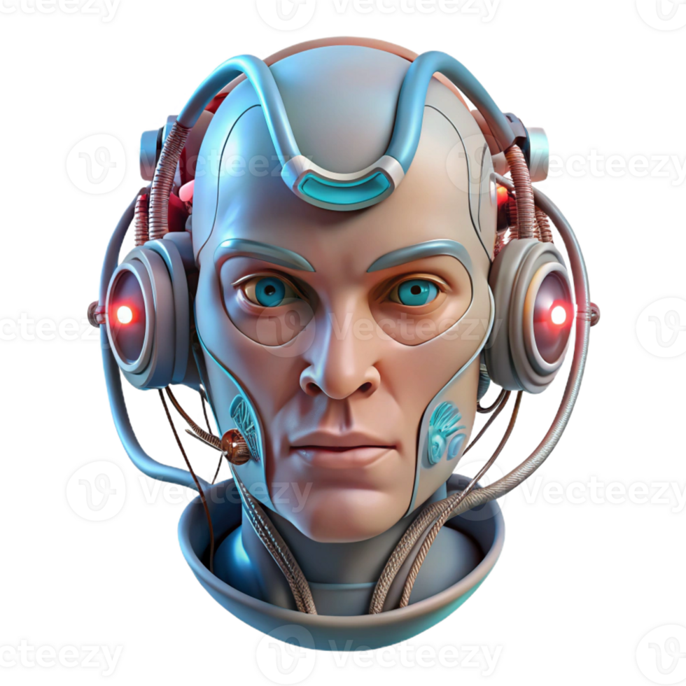 wonderful vintage A human face partially merged with machinery, wires and tubes protruding, lit by a flickering fluorescent light. Cyberpunk and biomechanical style genuine png
