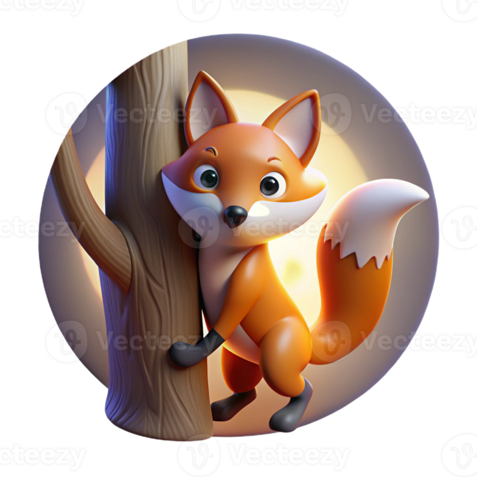 extraordinary abstract A sly fox with a bushy tail, peering out from behind a tree, illuminated by the soft glow of moonlight, in a cunning, folk art style premium png