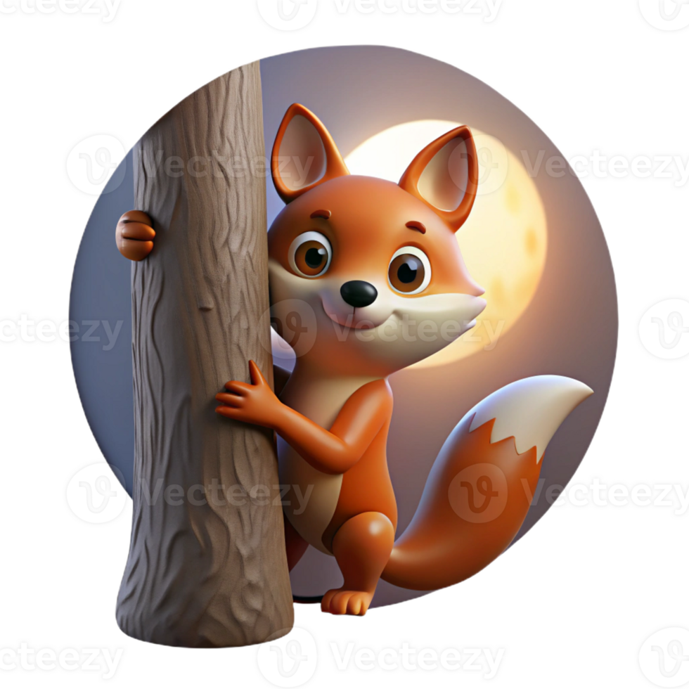 dramatic creative A sly fox with a bushy tail, peering out from behind a tree, illuminated by the soft glow of moonlight, in a cunning, folk art style authentic png