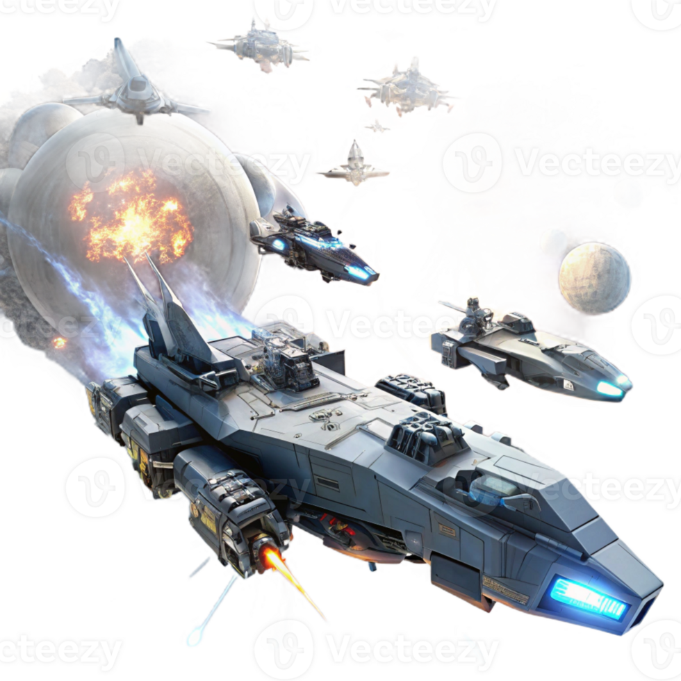 beautiful artistic A fleet of futuristic spaceships engaging in a large-scale space battle against a backdrop of a swirling nebula. Epic scale, cinematic lighting professional png