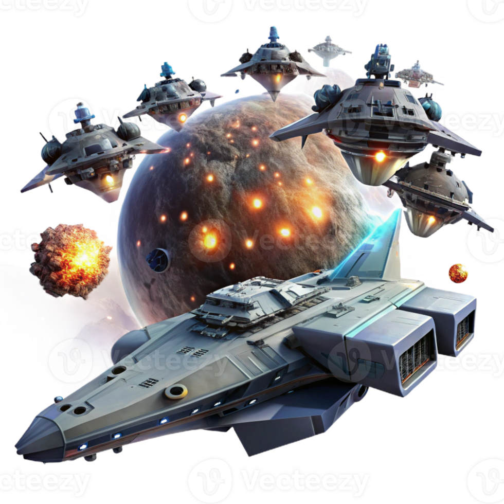 stunning rustic A fleet of futuristic spaceships engaging in a large-scale space battle against a backdrop of a swirling nebula. Epic scale, cinematic lighting genuine png