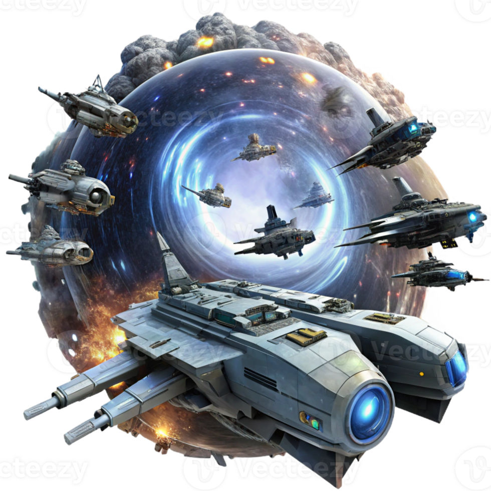 dramatic rustic A fleet of futuristic spaceships engaging in a large-scale space battle against a backdrop of a swirling nebula. Epic scale, cinematic lighting exclusive png