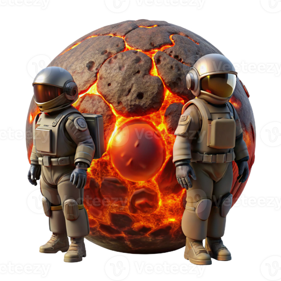 serene vintage A group of astronauts in bulky space suits exploring a lava-filled planet, illuminated by the fiery glow of the molten rock. Science fiction style, dangerous and thrilling detailed png