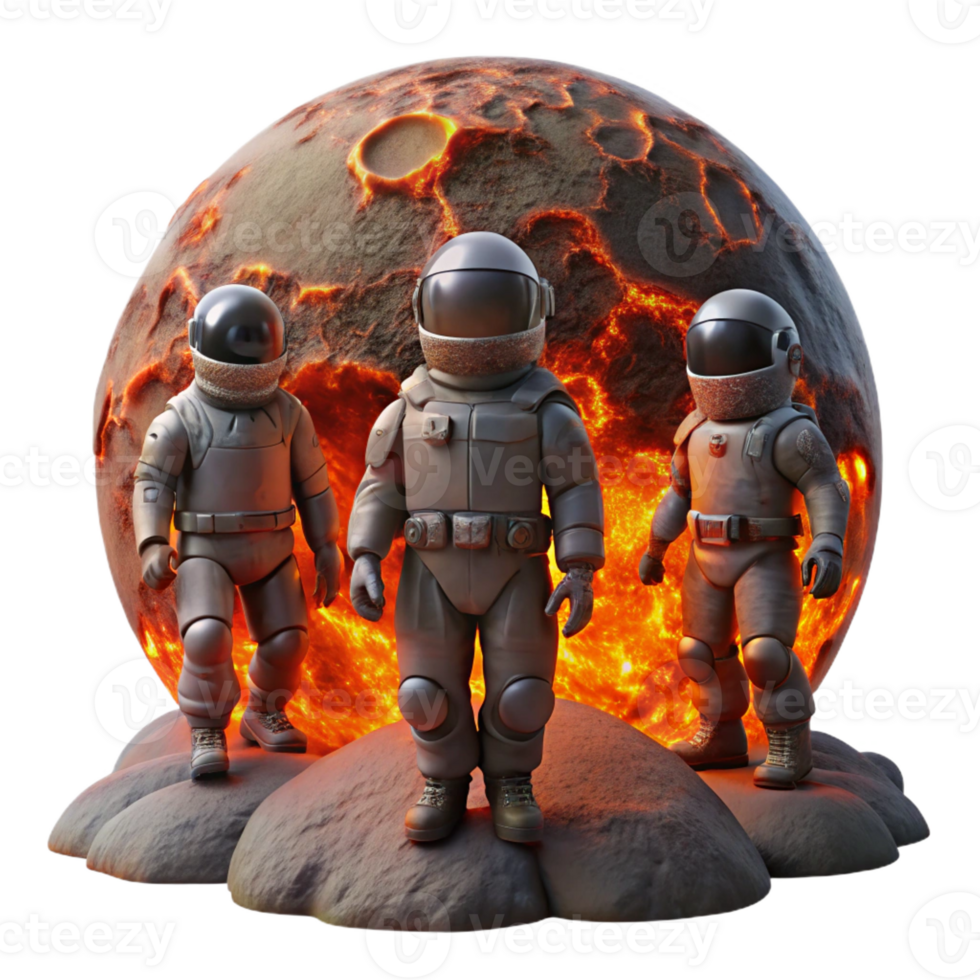 stunning classic A group of astronauts in bulky space suits exploring a lava-filled planet, illuminated by the fiery glow of the molten rock. Science fiction style, dangerous and thrilling genuine png