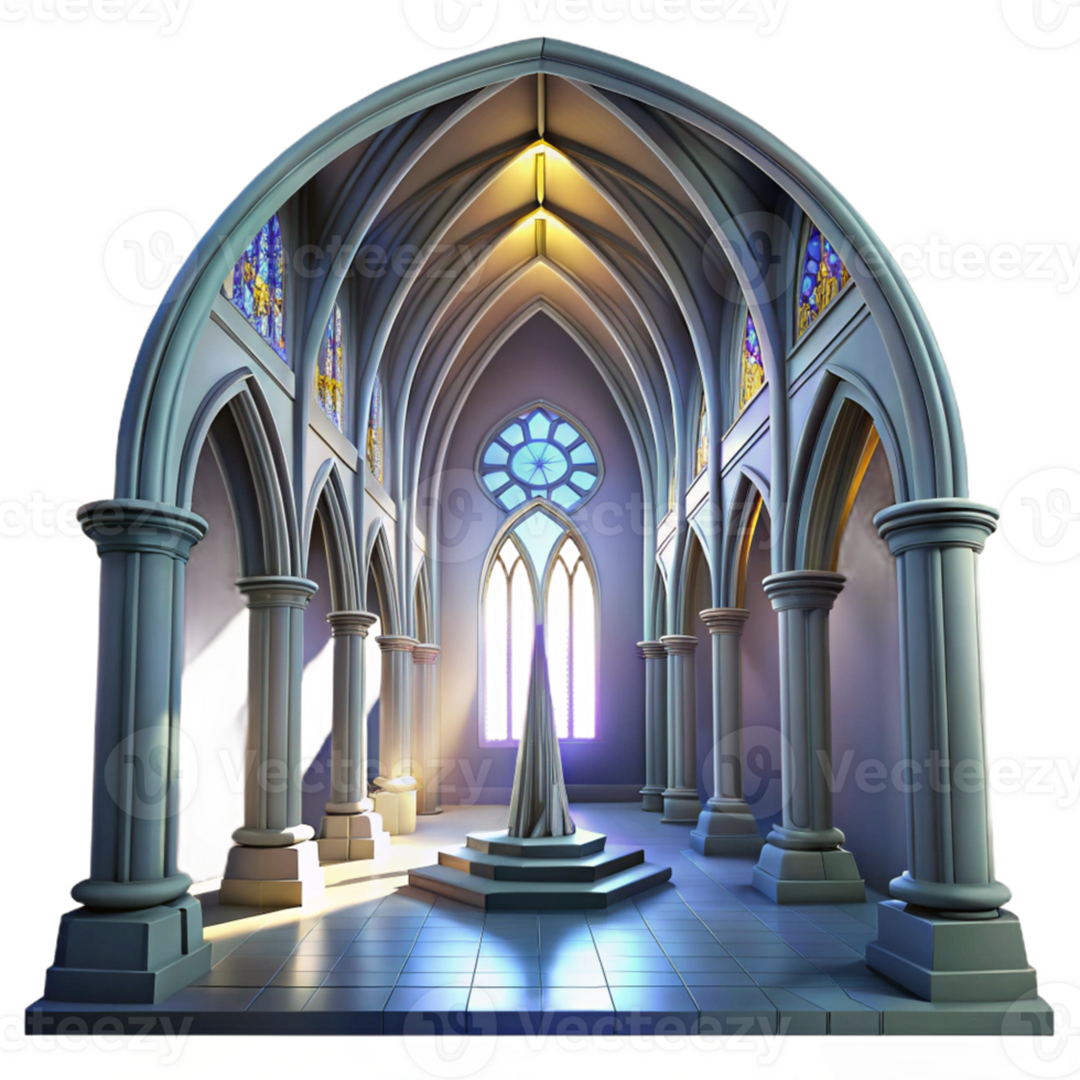 wonderful minimalist Gothic cathedral interior, stained glass windows depicting abstract shapes, ethereal light beams, dust motes, hyperrealistic style original png