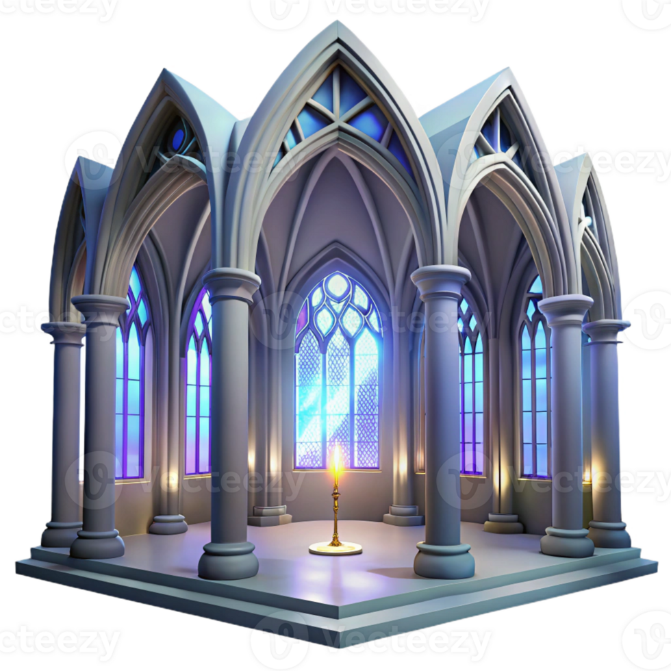 impressive vintage Gothic cathedral interior, stained glass windows depicting abstract shapes, ethereal light beams, dust motes, hyperrealistic style 4K png