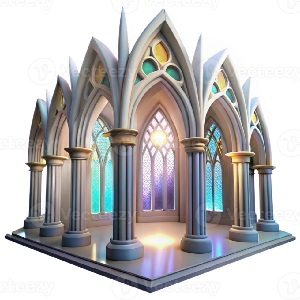 stunning vintage Gothic cathedral interior, stained glass windows depicting abstract shapes, ethereal light beams, dust motes, hyperrealistic style genuine png