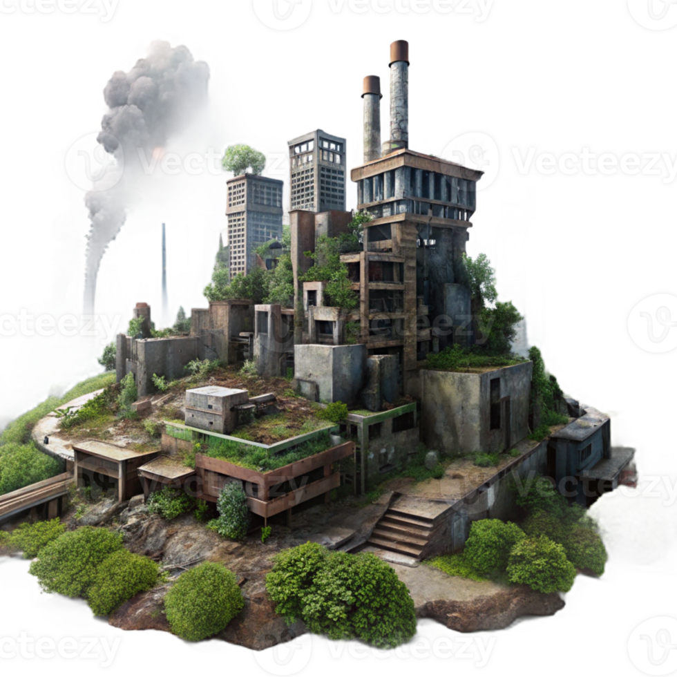 extraordinary abstract Post-apocalyptic cityscape, ruined buildings, overgrown vegetation, smoky sky, dystopian setting, digital painting, authentic png