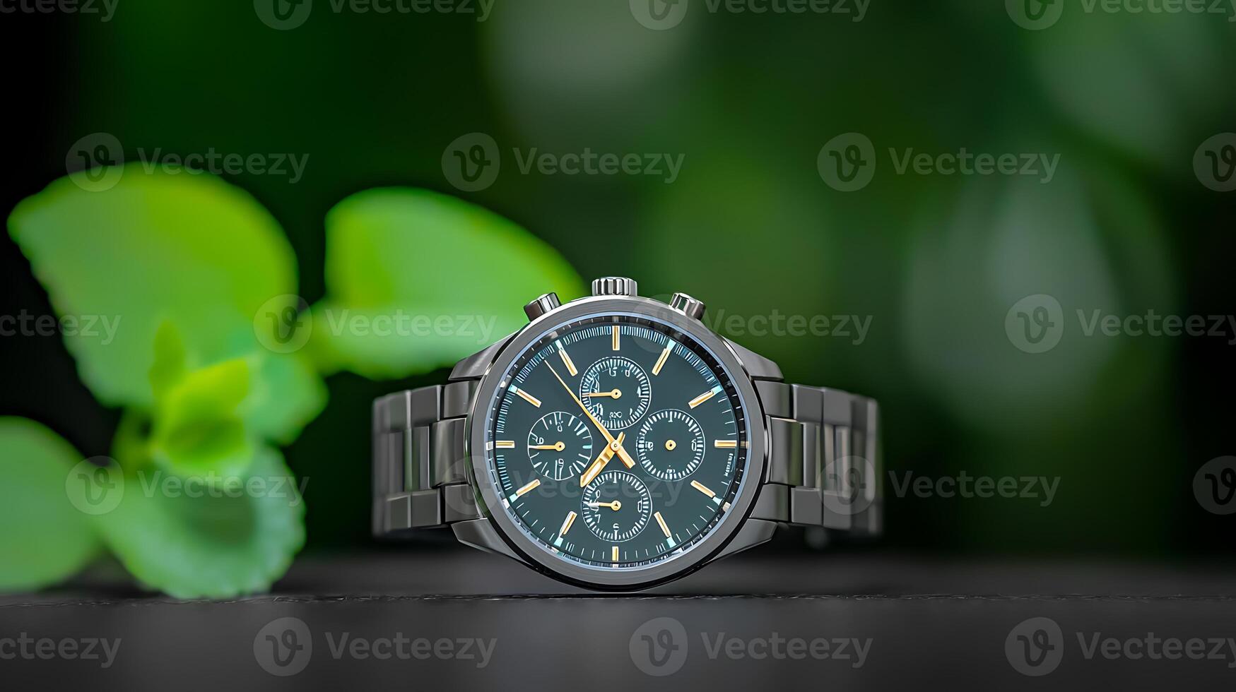 Close-up of a stylish watch on a dark surface with green foliage in the background photo