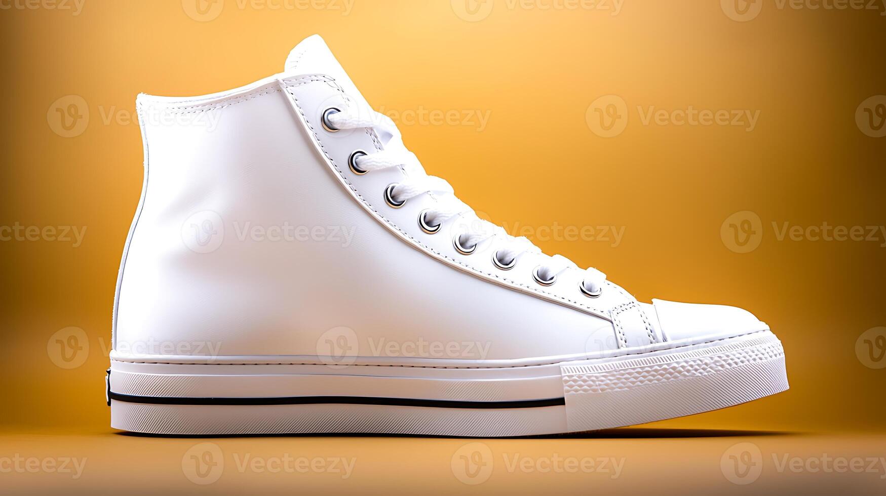 Stylish white high-top sneaker against a vibrant orange background, showcasing modern design photo
