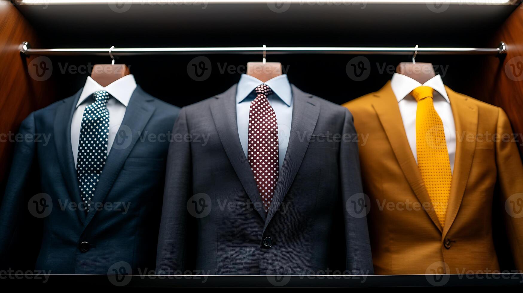 Three elegant suits displayed in a stylish wardrobe, showcasing fashion and modern design photo