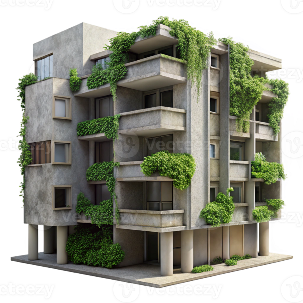 beautiful creative Brutalist concrete apartment complex, overgrown with vines, soft diffused daylight, gritty and textured, photographic style high quality png