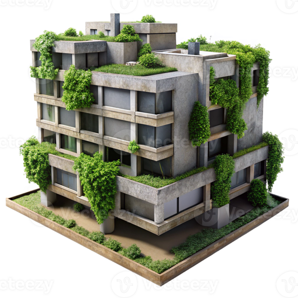 impressive traditional Brutalist concrete apartment complex, overgrown with vines, soft diffused daylight, gritty and textured, photographic style exclusive png