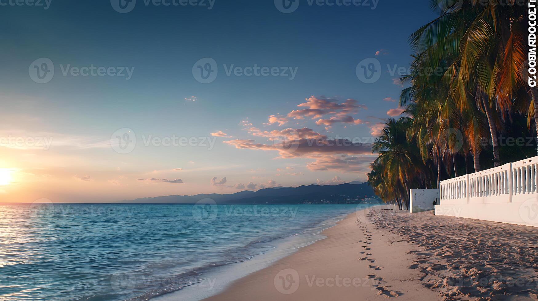 Serene beach at sunset with palm trees lining the shore and gentle waves lapping at the sand photo
