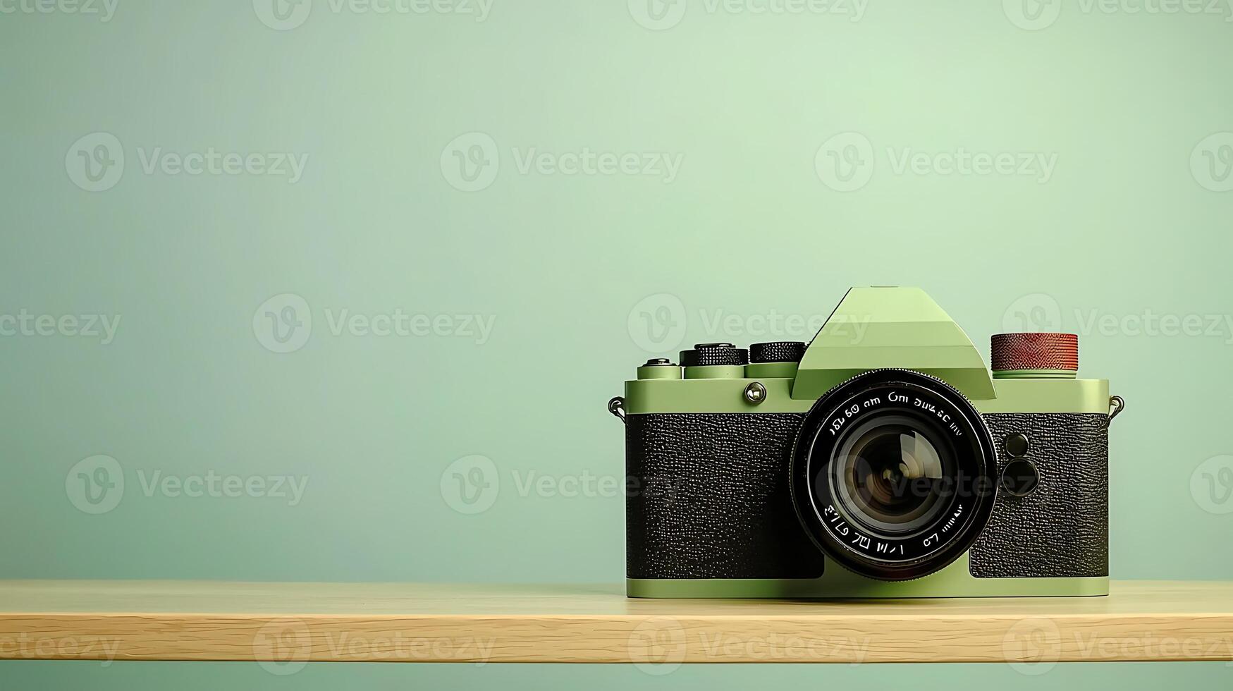 Vintage-style camera on a wooden shelf against a soft green background, emphasizing photography photo