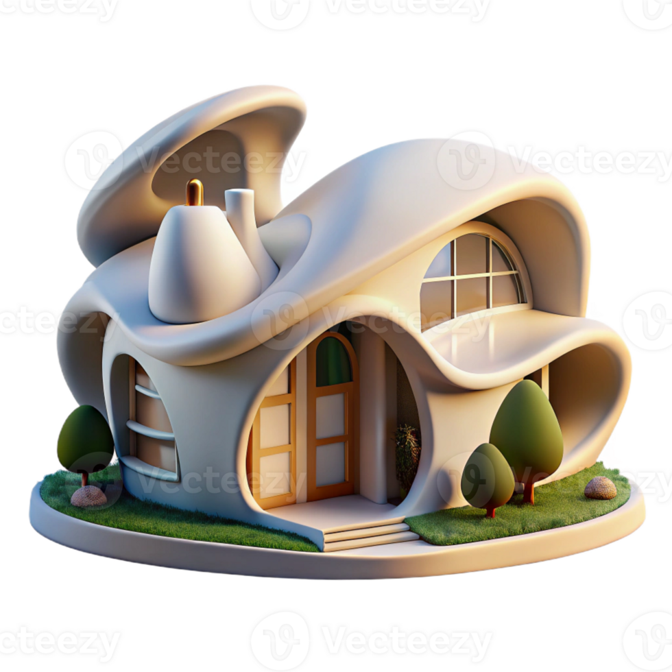 wonderful contemporary Organic architecture house, flowing curves, integrated with natural landscape, warm morning light, dreamlike style genuine png