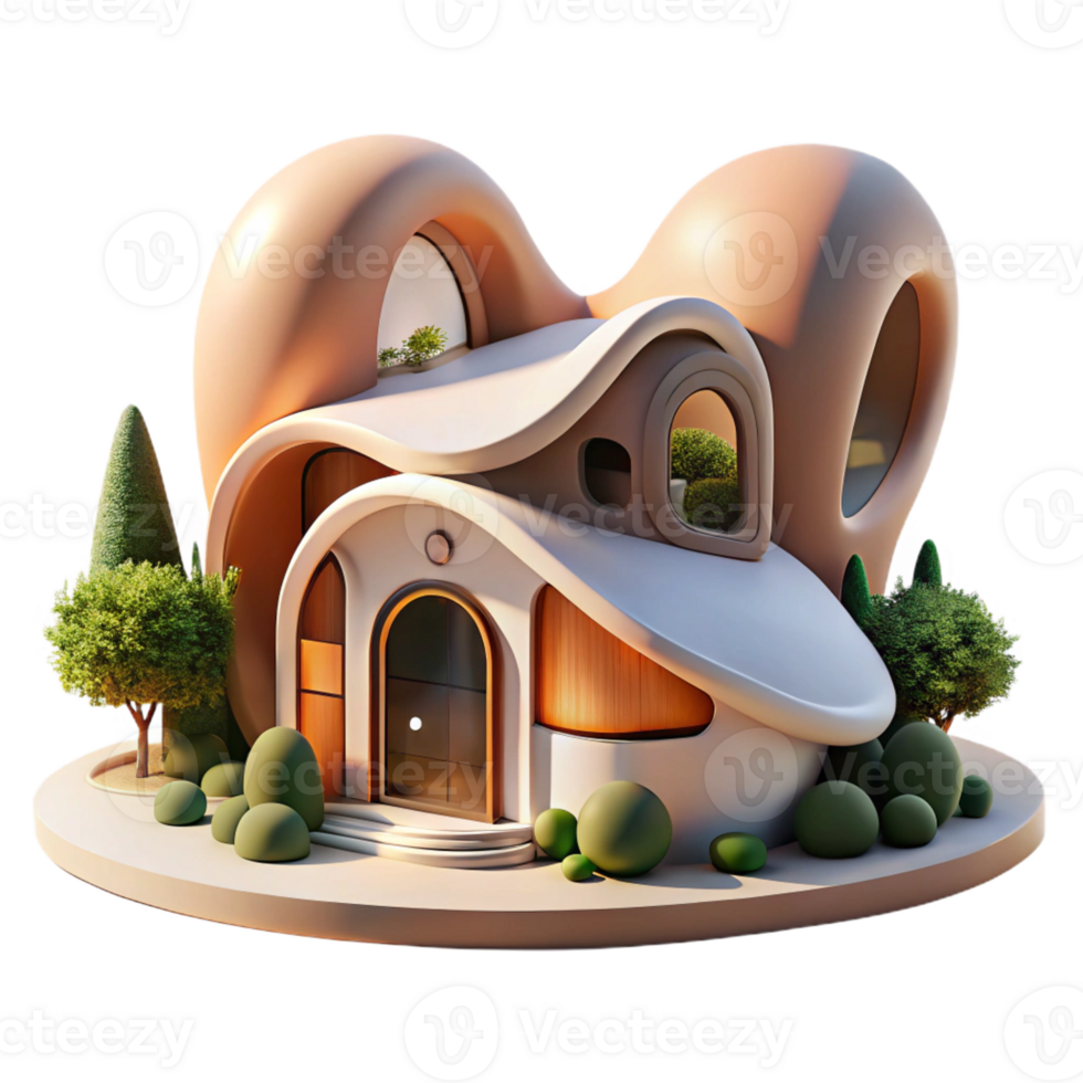 beautiful modern Organic architecture house, flowing curves, integrated with natural landscape, warm morning light, dreamlike style high quality png