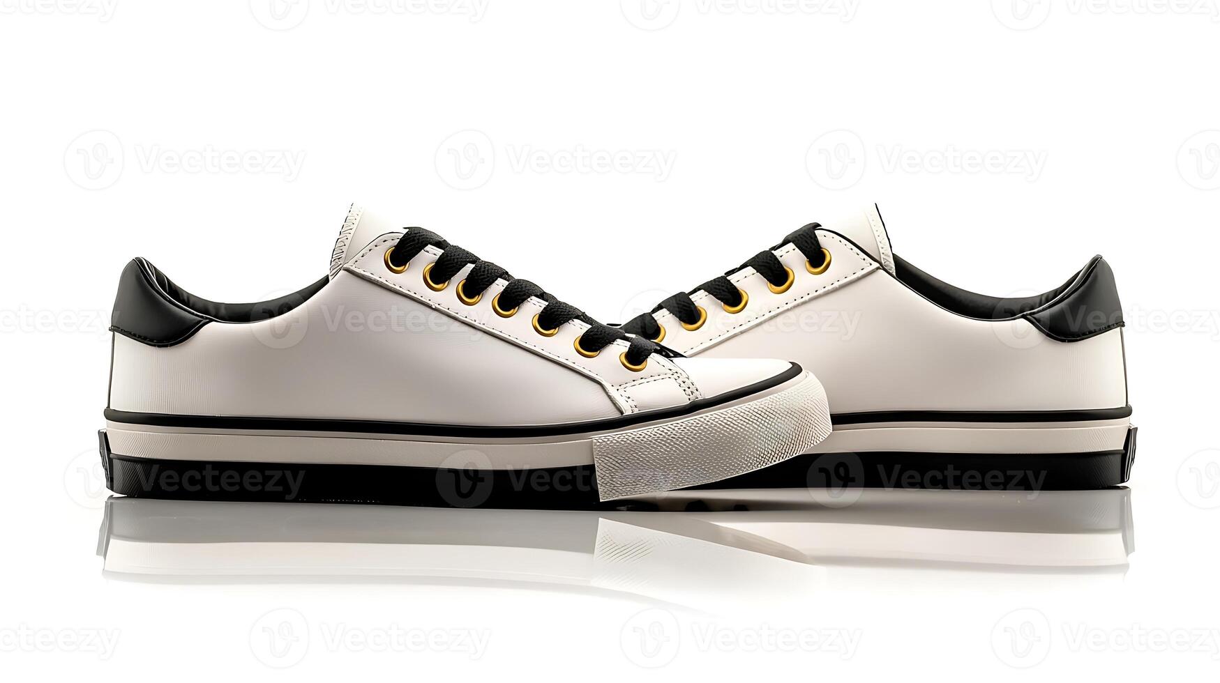 Stylish white sneakers with black accents displayed on a reflective surface, showcasing modern design photo
