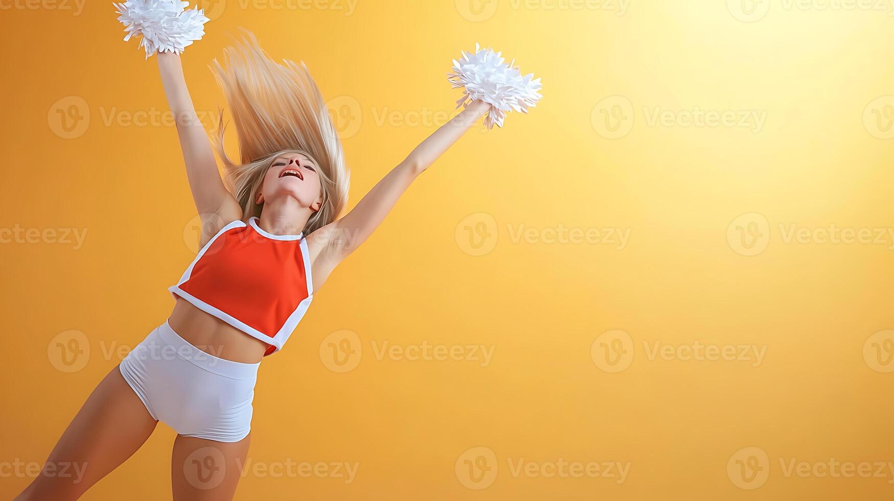 Cheerleader performing a dynamic jump against a vibrant yellow background, showcasing energy and enthusiasm photo