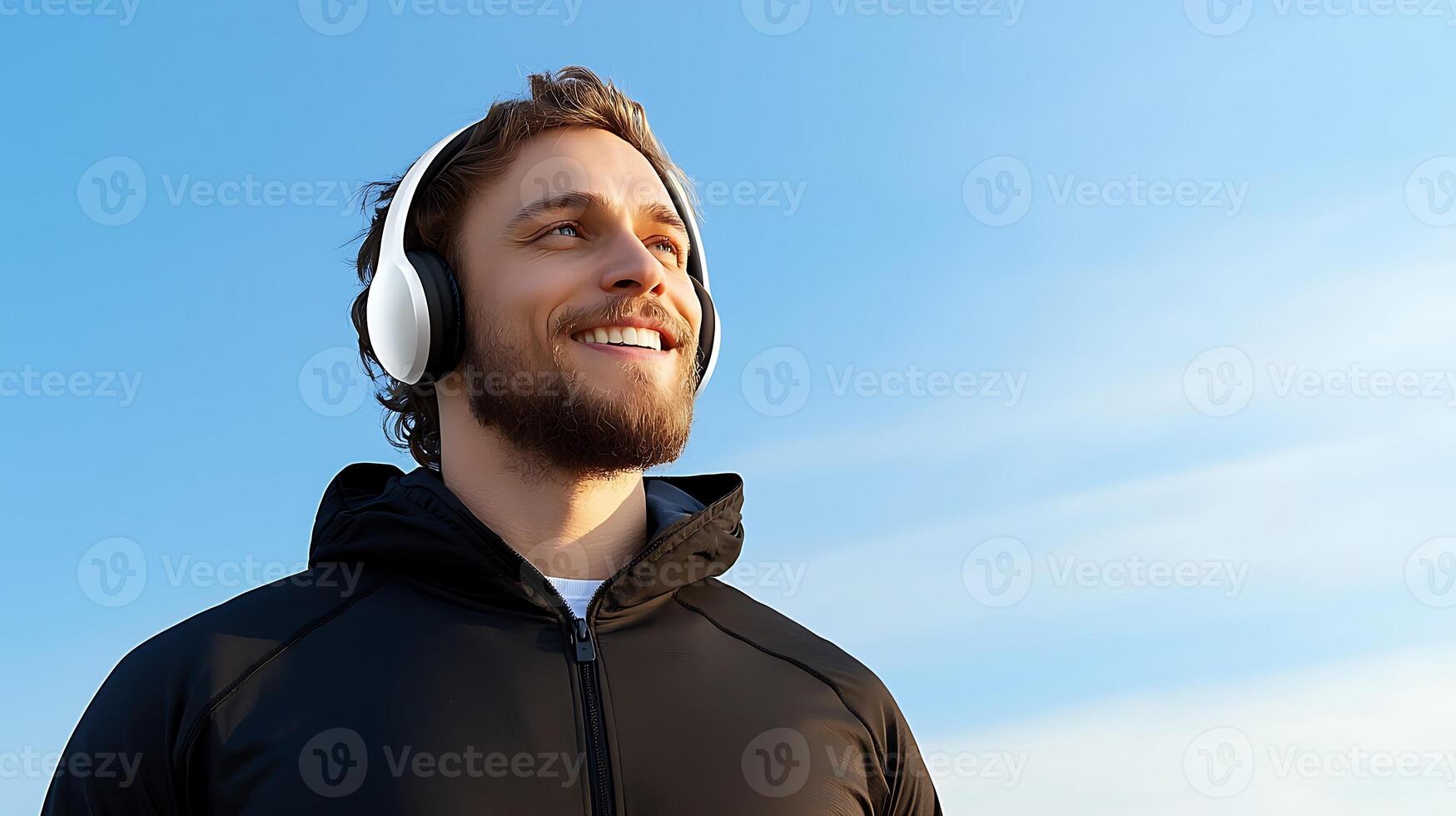 Young man with headphones enjoying a sunny day outdoors, smiling against a clear blue sky photo