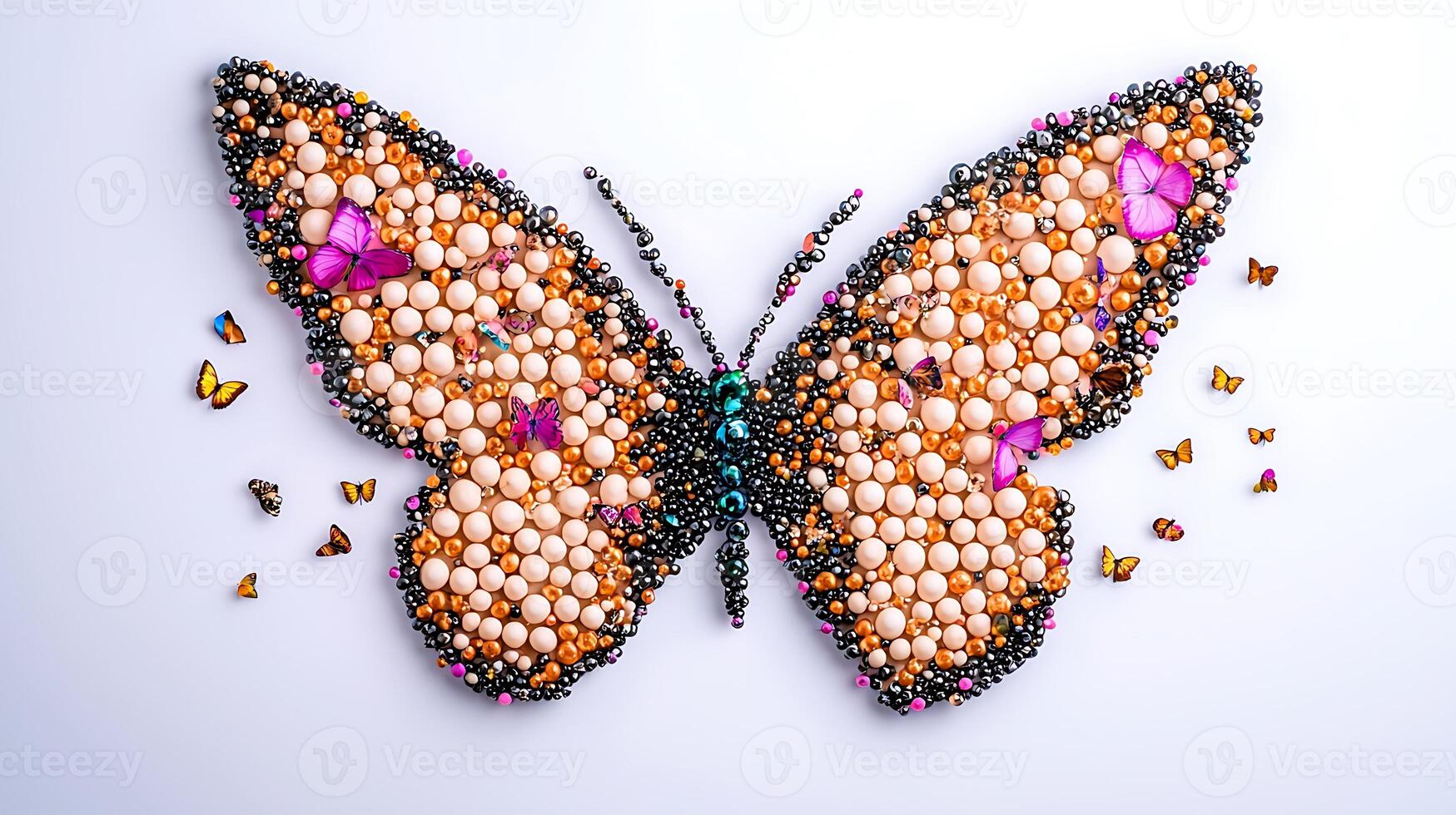 Colorful butterfly made of beads and flowers, showcasing intricate design and vibrant colors photo
