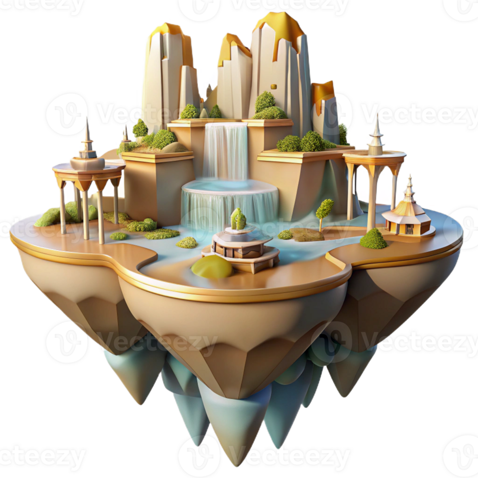beautiful minimalist Floating island city, interconnected platforms, waterfalls cascading down the sides, fantasy style, soft golden light exclusive png