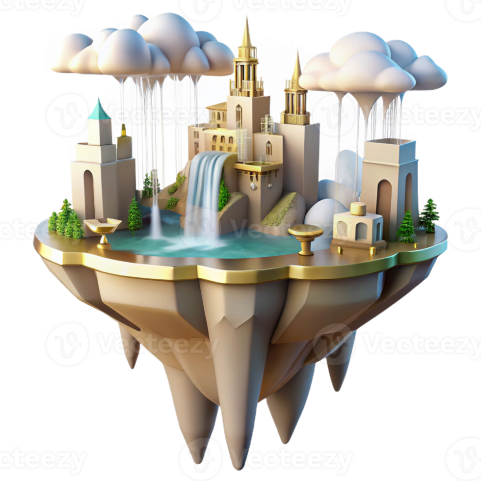 vibrant contemporary Floating island city, interconnected platforms, waterfalls cascading down the sides, fantasy style, soft golden light high resolution png