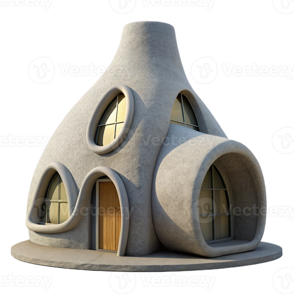 impressive creative 3D-printed house, organic form, concrete material, innovative design, architectural visualization, exclusive png