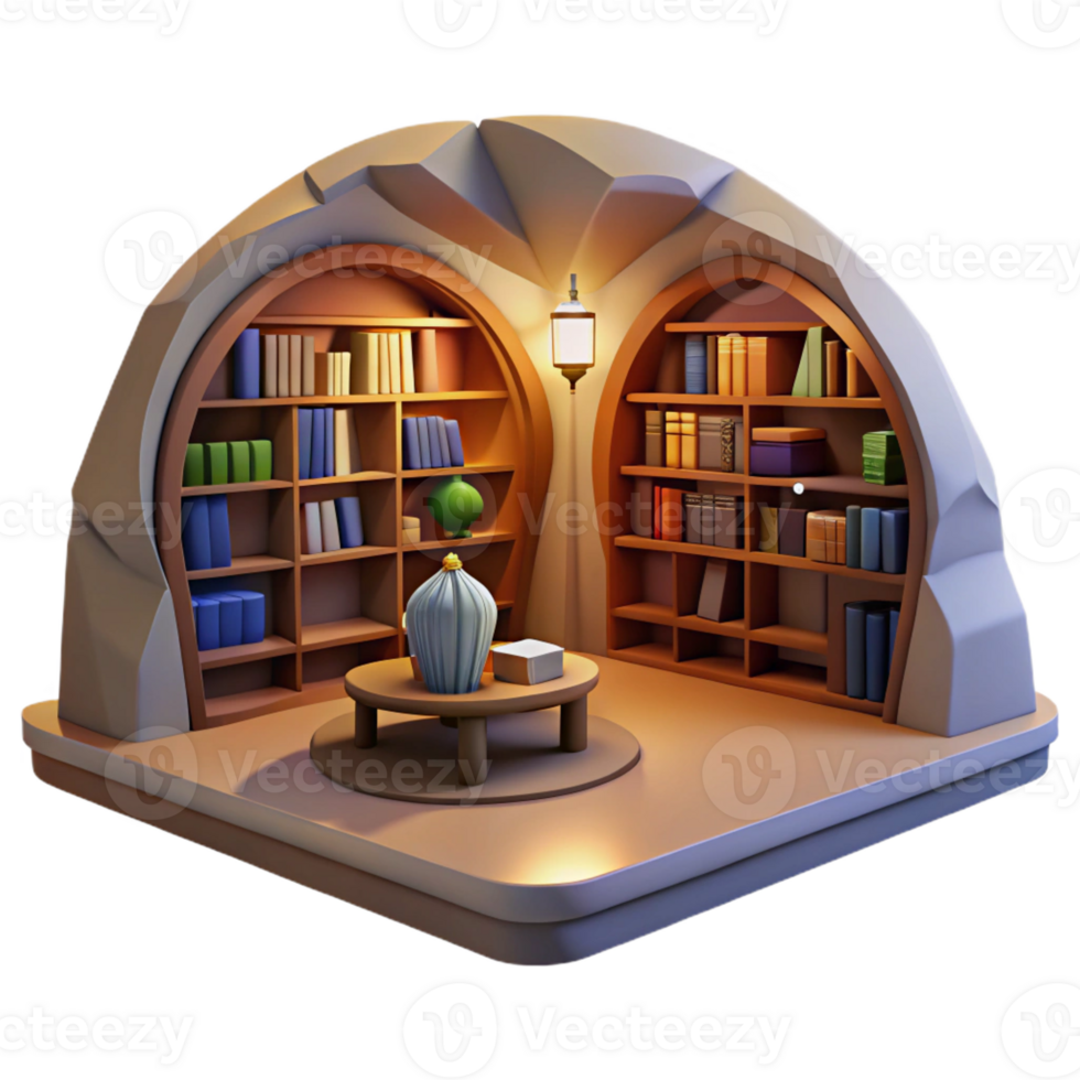 impressive rustic Underground library, vaulted ceilings, bookshelves lining the walls, warm lighting, cozy atmosphere, digital painting, premium png