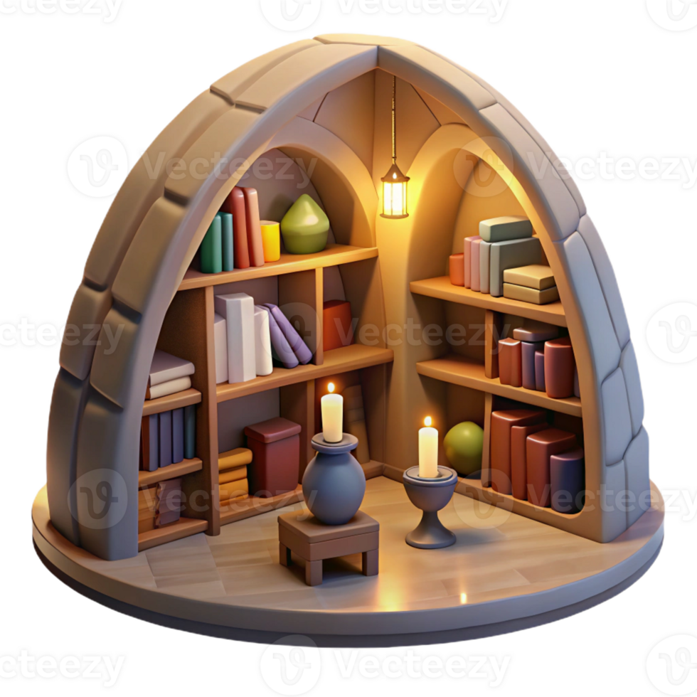 magnificent artistic Underground library, vaulted ceilings, bookshelves lining the walls, warm lighting, cozy atmosphere, digital painting, detailed png