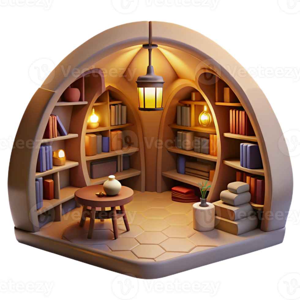 dramatic artistic Underground library, vaulted ceilings, bookshelves lining the walls, warm lighting, cozy atmosphere, digital painting, high resolution png