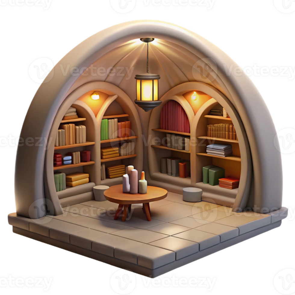 serene traditional Underground library, vaulted ceilings, bookshelves lining the walls, warm lighting, cozy atmosphere, digital painting, high quality png