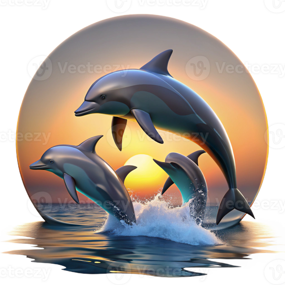 elegant rustic A group of dolphins leaping out of the ocean, illuminated by the setting sun. Ocean wildlife photography style premium png