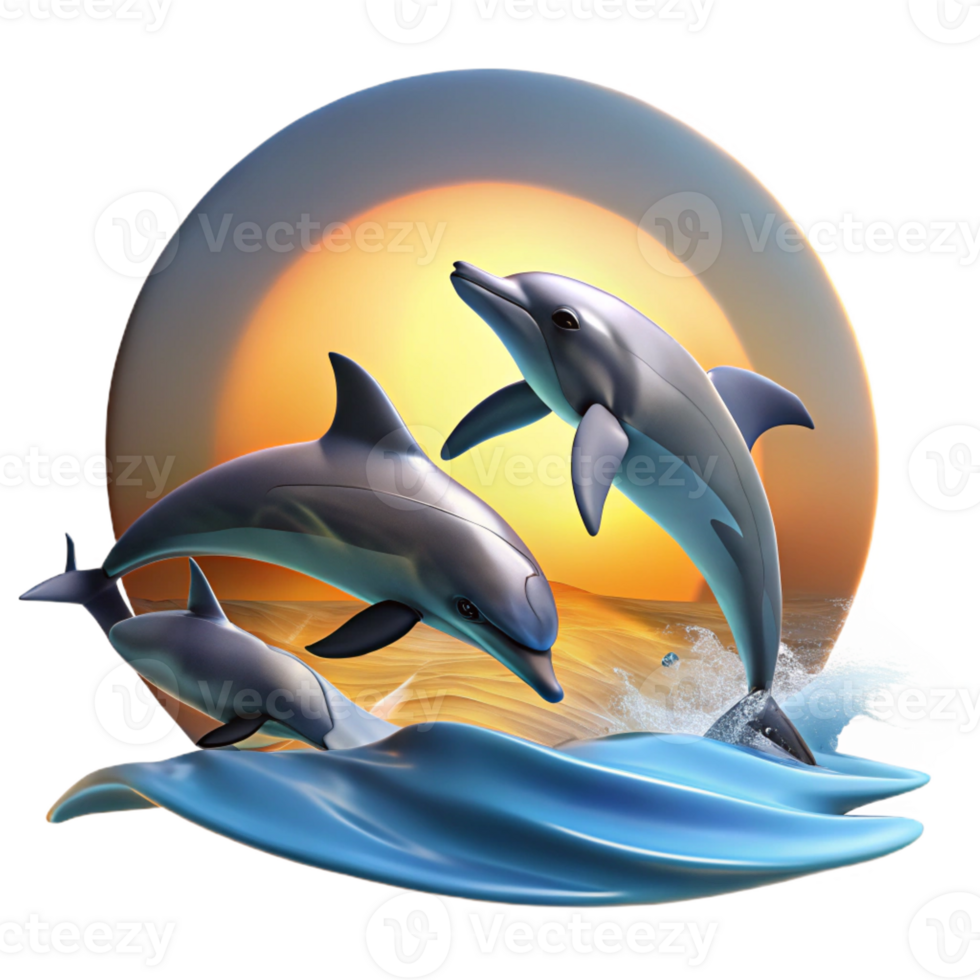 serene rustic A group of dolphins leaping out of the ocean, illuminated by the setting sun. Ocean wildlife photography style original png