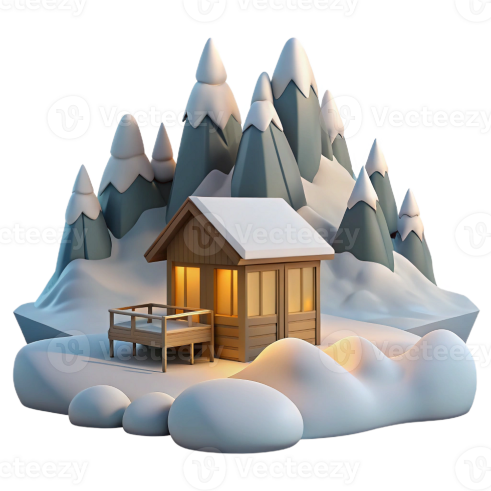 dramatic creative Mountaintop retreat, minimalist cabin, panoramic views, snowy landscape, peaceful setting, digital art, authentic png