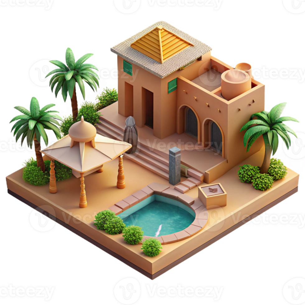 serene minimalist Desert oasis resort, rammed earth structures, swimming pools, palm trees, luxurious ambiance, architectural rendering, high resolution png